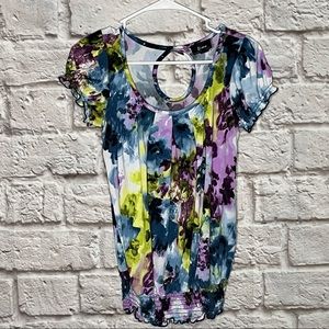 B. Wear Moss Floral Print Top Ruffle Sleeve Keyhole Back‎ Casual Blouse Size S